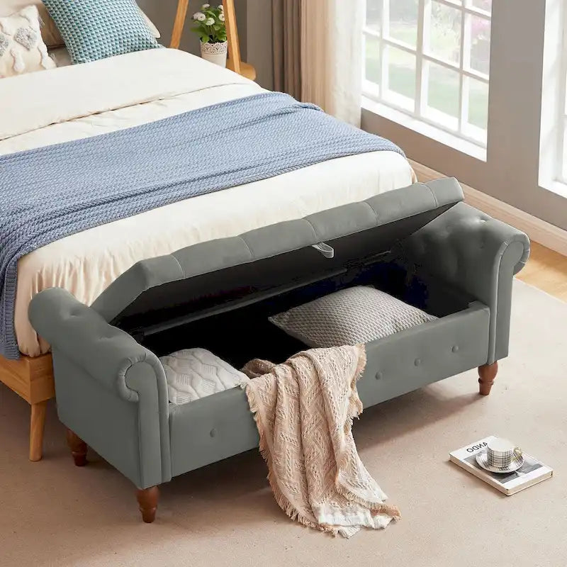 63" Grey/Beige Storage Ottoman Bench, Button-Tufted, Rolled Arms, 1-Person