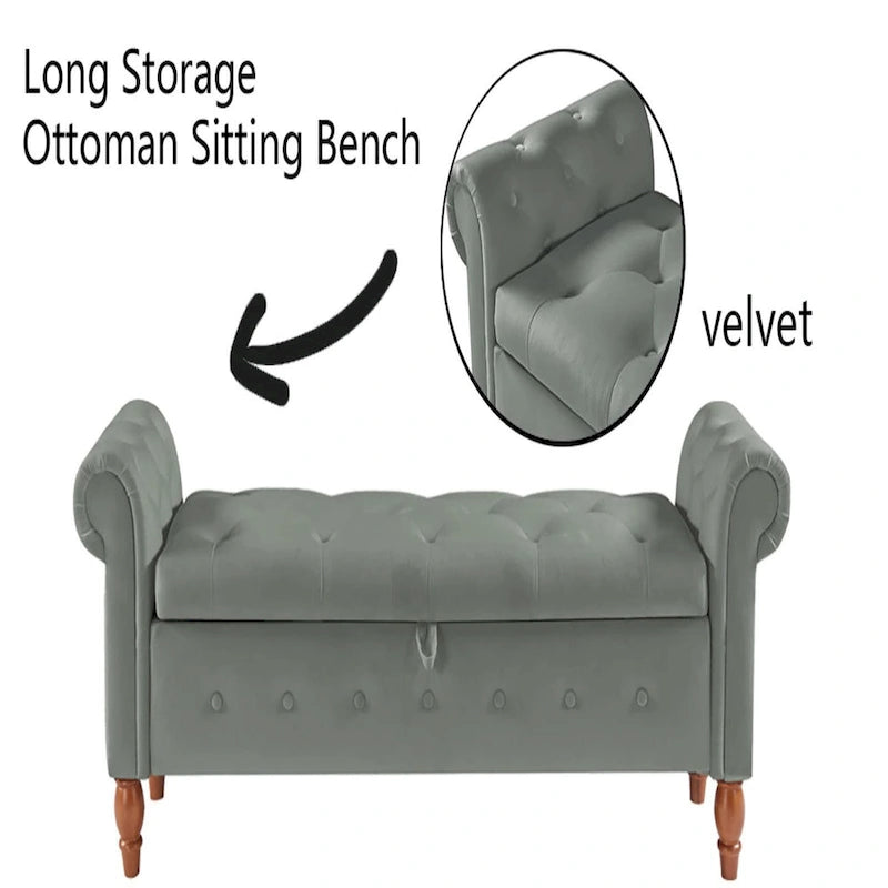 63" Grey/Beige Storage Ottoman Bench, Button-Tufted, Rolled Arms, 1-Person