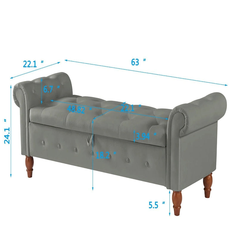 63" Grey/Beige Storage Ottoman Bench, Button-Tufted, Rolled Arms, 1-Person