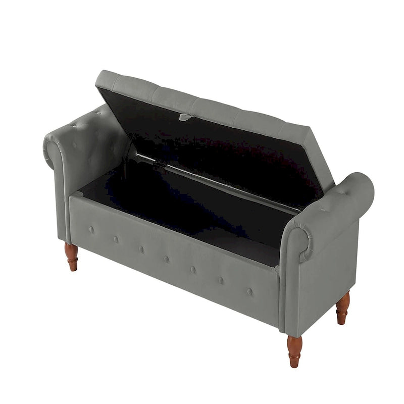 63" Grey/Beige Storage Ottoman Bench, Button-Tufted, Rolled Arms, 1-Person