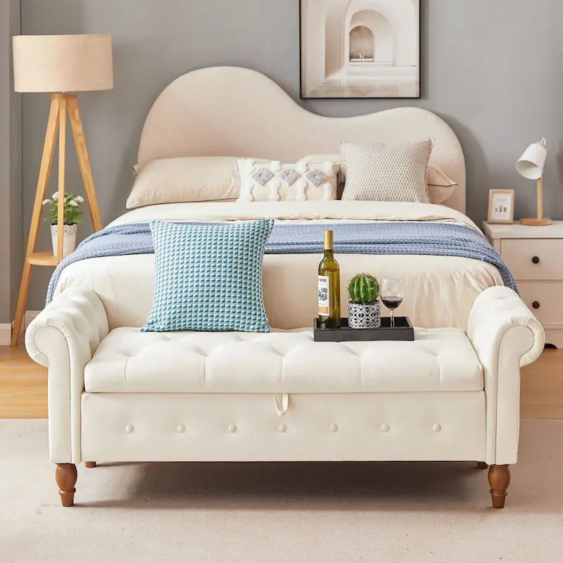 63" Grey/Beige Storage Ottoman Bench, Button-Tufted, Rolled Arms, 1-Person