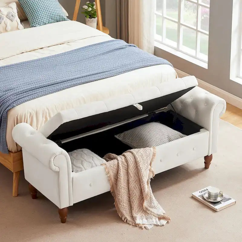 63" Grey/Beige Storage Ottoman Bench, Button-Tufted, Rolled Arms, 1-Person