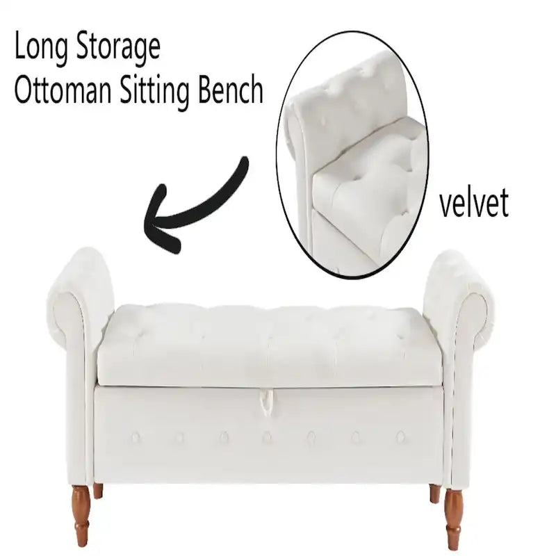 63" Grey/Beige Storage Ottoman Bench, Button-Tufted, Rolled Arms, 1-Person