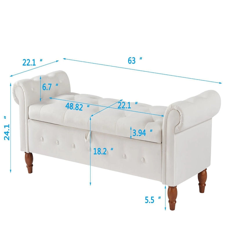 63" Grey/Beige Storage Ottoman Bench, Button-Tufted, Rolled Arms, 1-Person