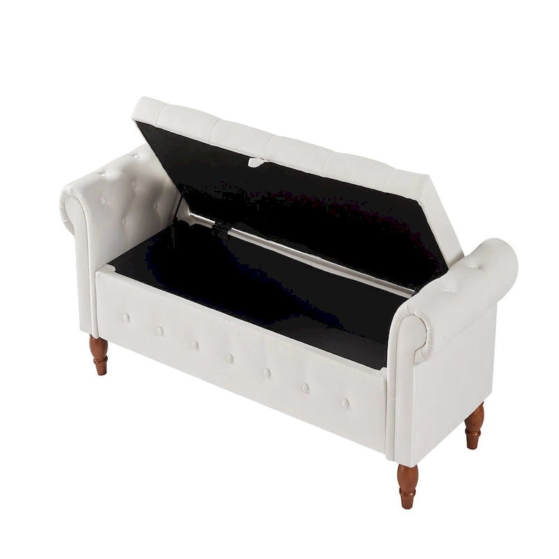 63" Grey/Beige Storage Ottoman Bench, Button-Tufted, Rolled Arms, 1-Person