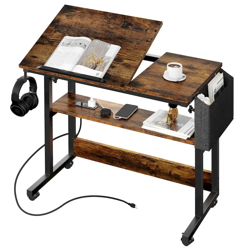 Brown/Grey/Black Height-Adjustable Laptop Desk with Wheels & Charging Station – For 1