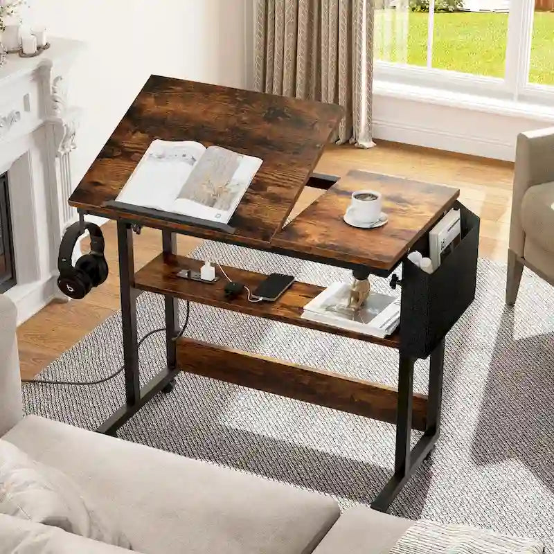Portable Computer Desk Height Adjustable Laptop Table with Wheels Charging Station