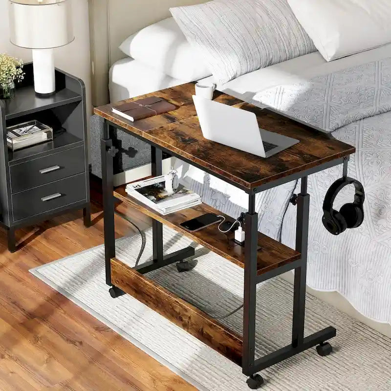 Brown/Grey/Black Height-Adjustable Laptop Desk with Wheels & Charging Station – For 1