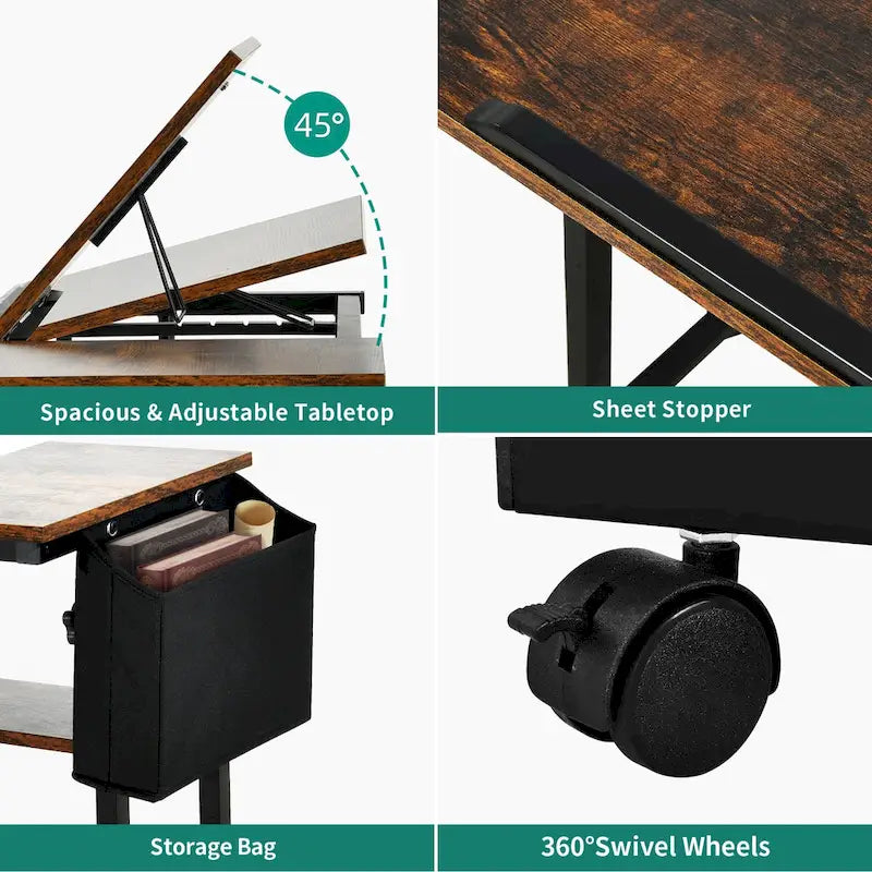 Brown/Grey/Black Height-Adjustable Laptop Desk with Wheels & Charging Station – For 1