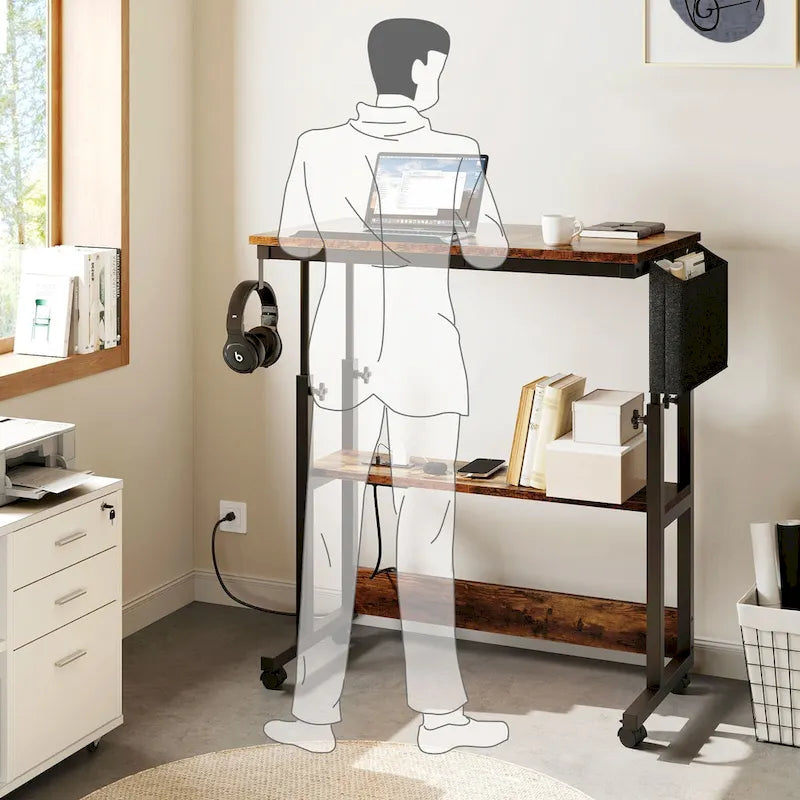 Brown/Grey/Black Height-Adjustable Laptop Desk with Wheels & Charging Station – For 1