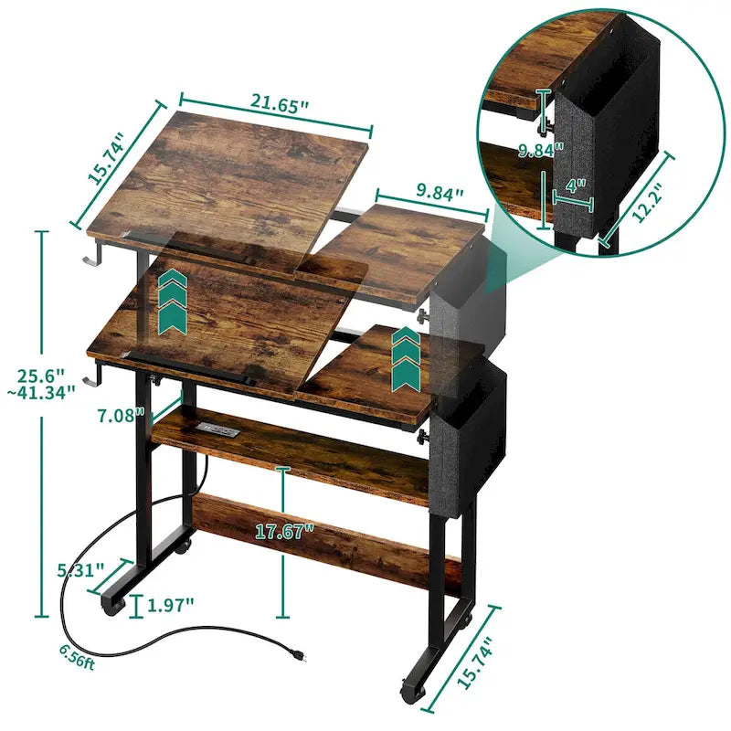 Brown/Grey/Black Height-Adjustable Laptop Desk with Wheels & Charging Station – For 1