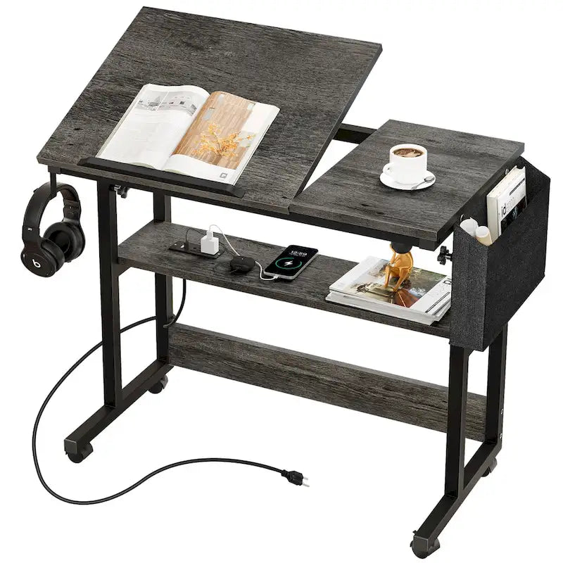 Brown/Grey/Black Height-Adjustable Laptop Desk with Wheels & Charging Station – For 1