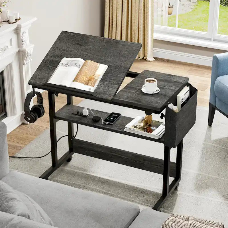 Brown/Grey/Black Height-Adjustable Laptop Desk with Wheels & Charging Station – For 1
