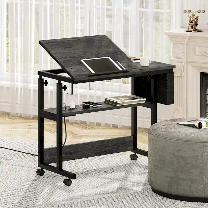 Brown/Grey/Black Height-Adjustable Laptop Desk with Wheels & Charging Station – For 1
