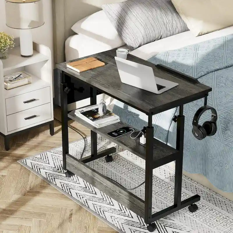 Brown/Grey/Black Height-Adjustable Laptop Desk with Wheels & Charging Station – For 1