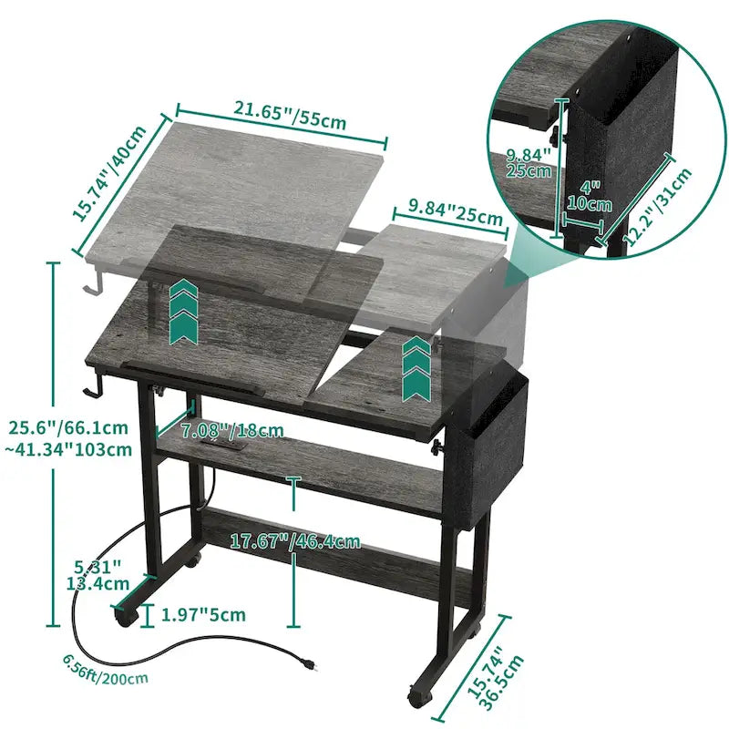 Brown/Grey/Black Height-Adjustable Laptop Desk with Wheels & Charging Station – For 1