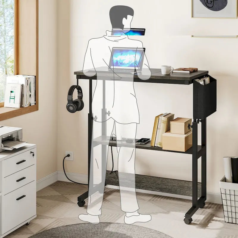 Brown/Grey/Black Height-Adjustable Laptop Desk with Wheels & Charging Station – For 1