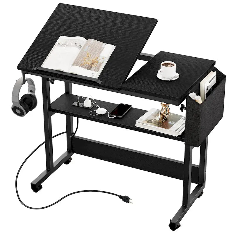 Brown/Grey/Black Height-Adjustable Laptop Desk with Wheels & Charging Station – For 1