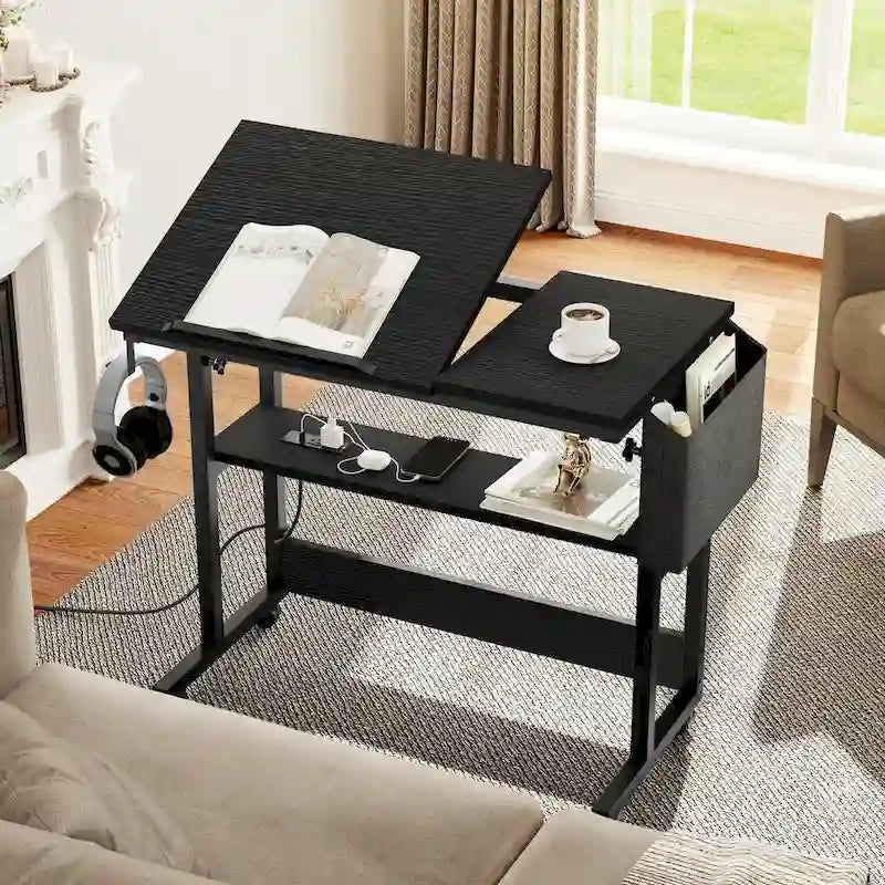 Brown/Grey/Black Height-Adjustable Laptop Desk with Wheels & Charging Station – For 1