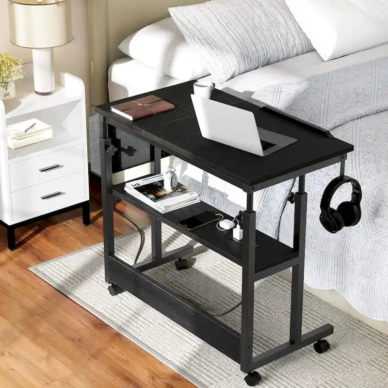 Brown/Grey/Black Height-Adjustable Laptop Desk with Wheels & Charging Station – For 1