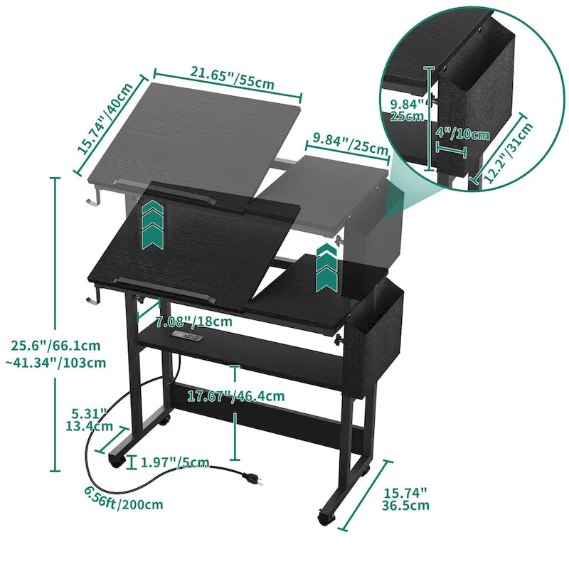 Brown/Grey/Black Height-Adjustable Laptop Desk with Wheels & Charging Station – For 1