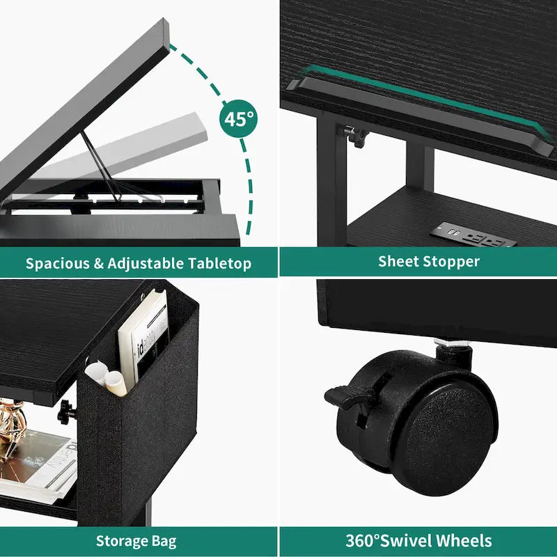 Brown/Grey/Black Height-Adjustable Laptop Desk with Wheels & Charging Station – For 1