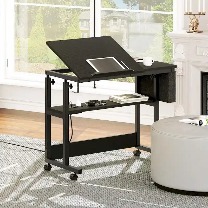 Brown/Grey/Black Height-Adjustable Laptop Desk with Wheels & Charging Station – For 1