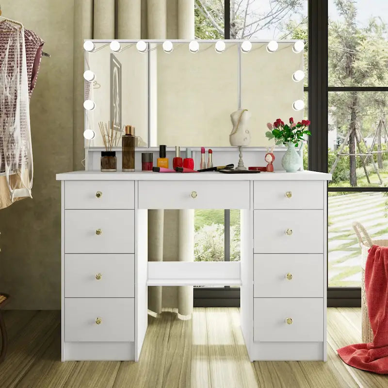 White / Black 9-Drawer Vanity with LED Mirror, 3 Mirrors, 1-Person Dressing Table