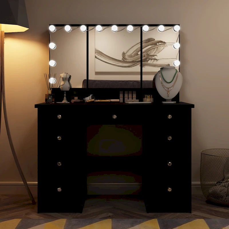 White / Black 9-Drawer Vanity with LED Mirror, 3 Mirrors, 1-Person Dressing Table