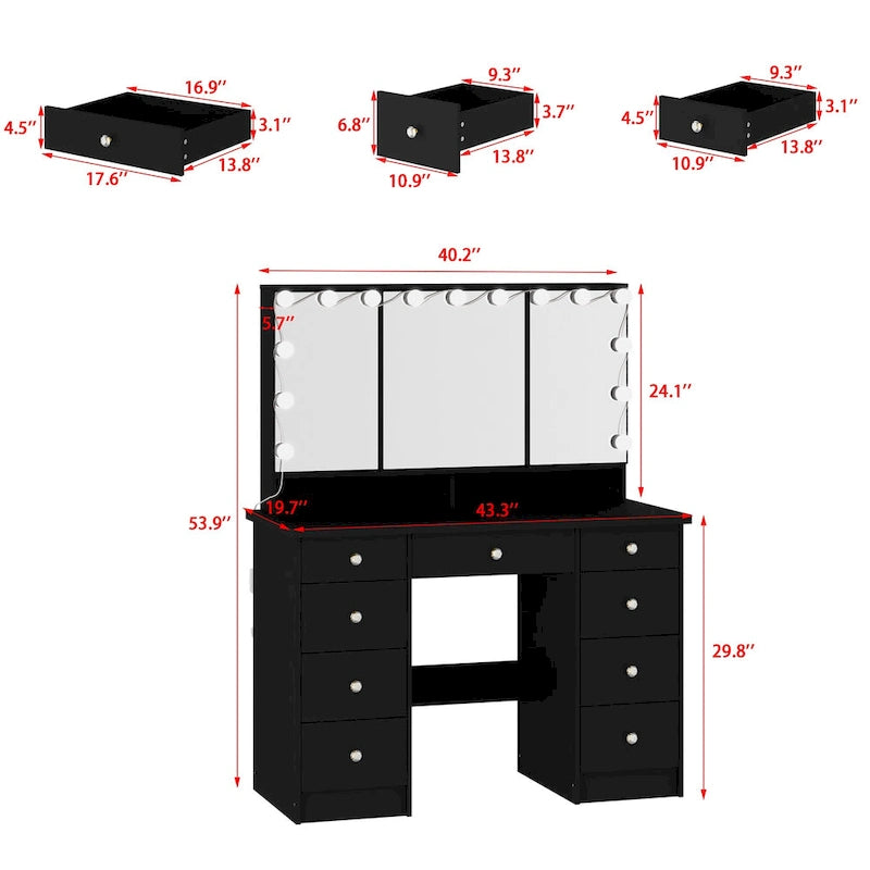 White / Black 9-Drawer Vanity with LED Mirror, 3 Mirrors, 1-Person Dressing Table