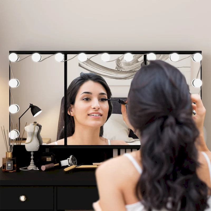White / Black 9-Drawer Vanity with LED Mirror, 3 Mirrors, 1-Person Dressing Table