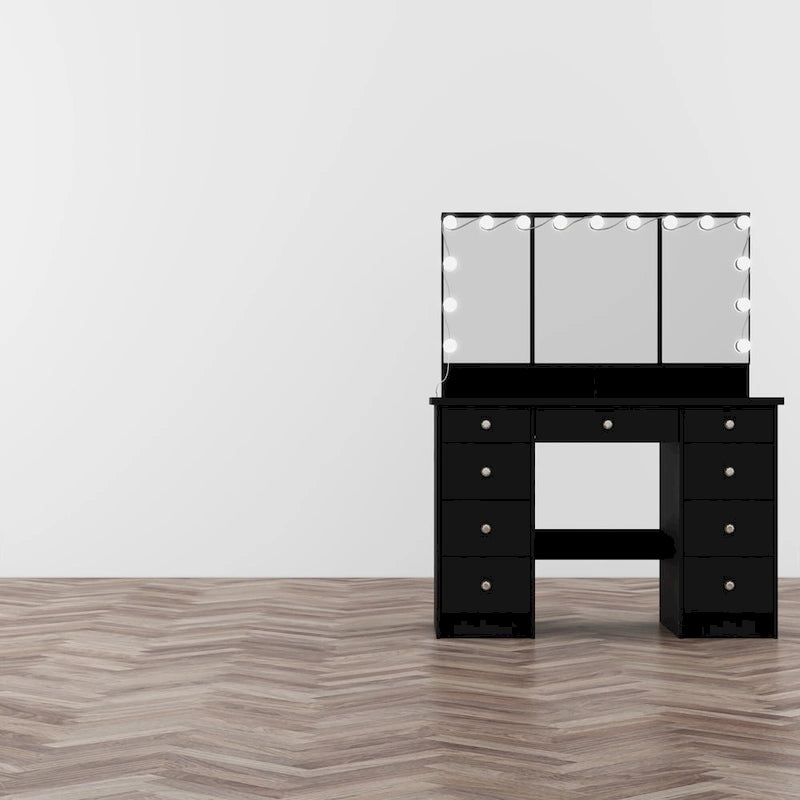 White / Black 9-Drawer Vanity with LED Mirror, 3 Mirrors, 1-Person Dressing Table