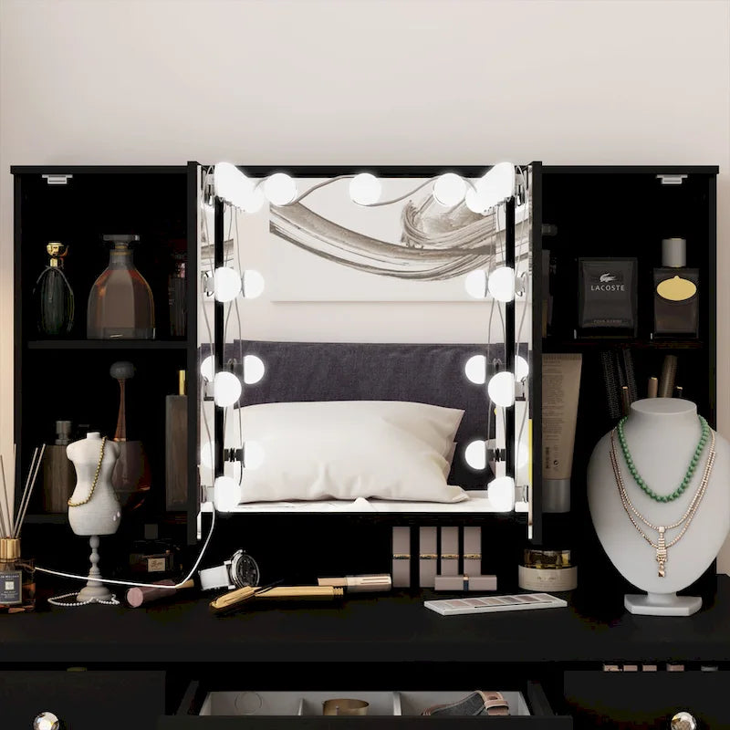 White / Black 9-Drawer Vanity with LED Mirror, 3 Mirrors, 1-Person Dressing Table