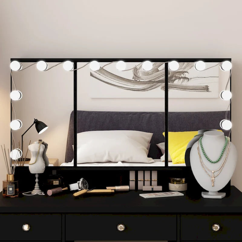 White / Black 9-Drawer Vanity with LED Mirror, 3 Mirrors, 1-Person Dressing Table