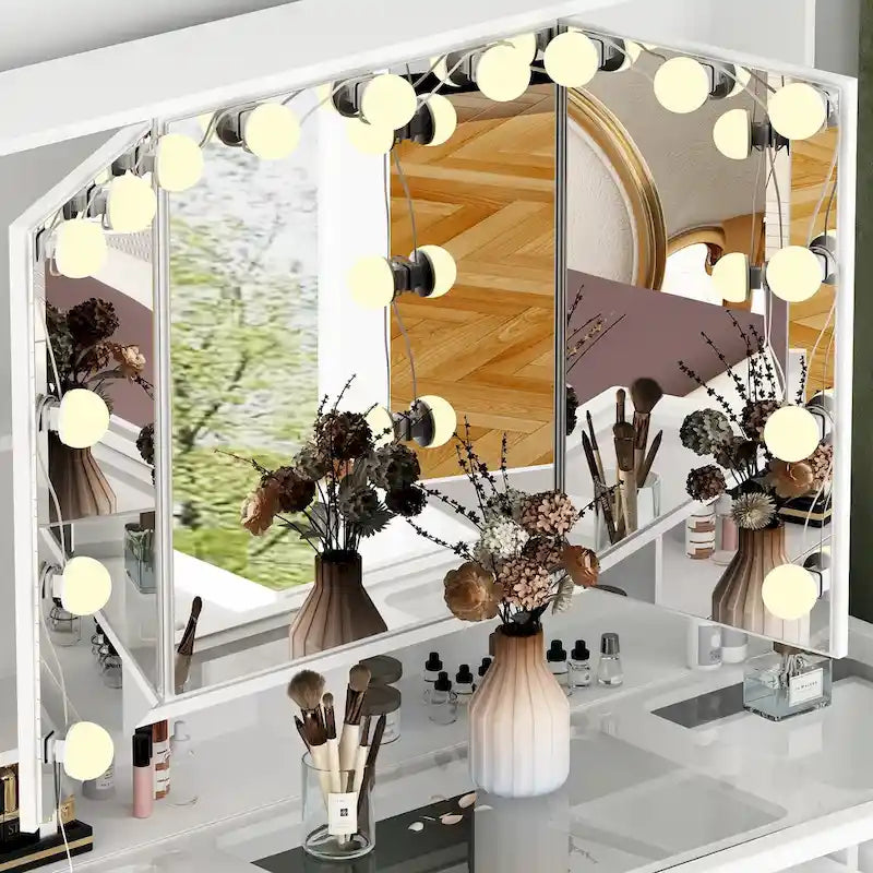 White / Black 9-Drawer Vanity with LED Mirror, 3 Mirrors, 1-Person Dressing Table