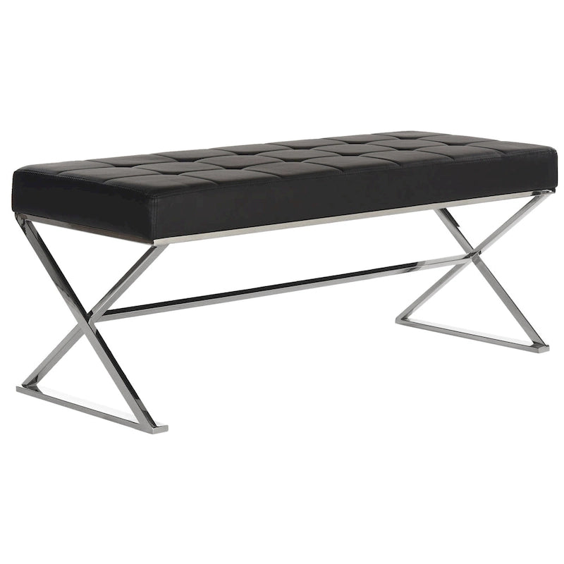 Black/Chrome Tufted PU Leather Bench, Seats 2, 43"W