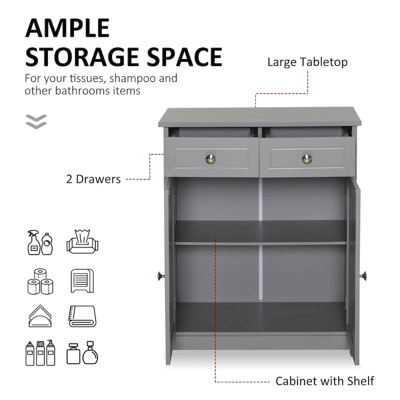 Grey Wood Finish Freestanding Bathroom Cabinet – 2 Drawers & Door, Adjustable Shelf