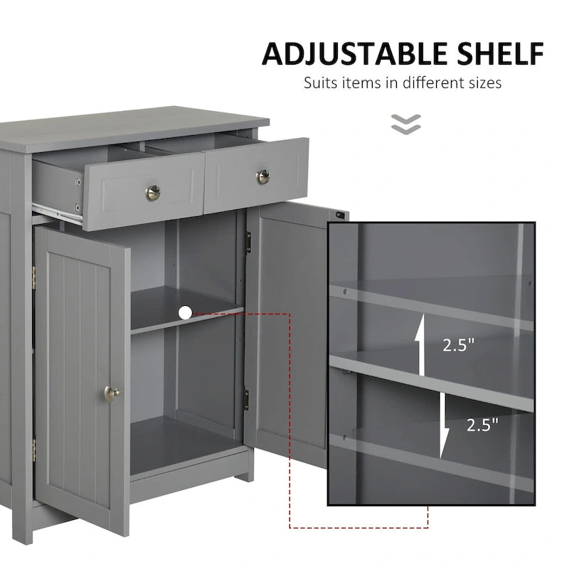 Grey Wood Finish Freestanding Bathroom Cabinet – 2 Drawers & Door, Adjustable Shelf