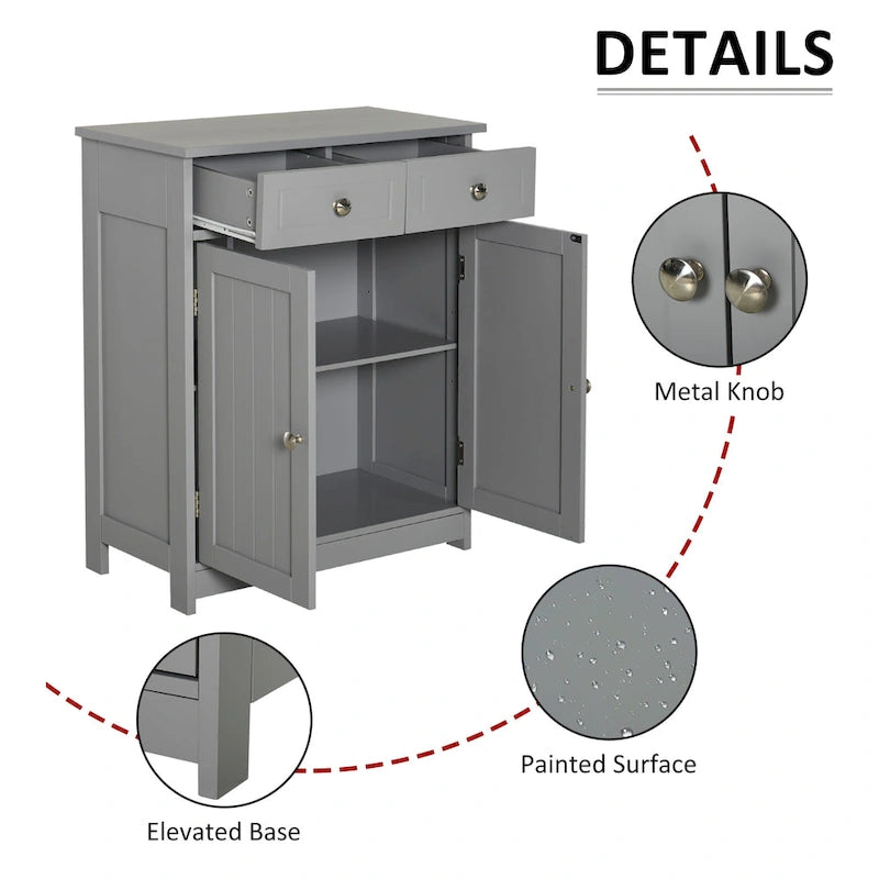 Grey Wood Finish Freestanding Bathroom Cabinet – 2 Drawers & Door, Adjustable Shelf