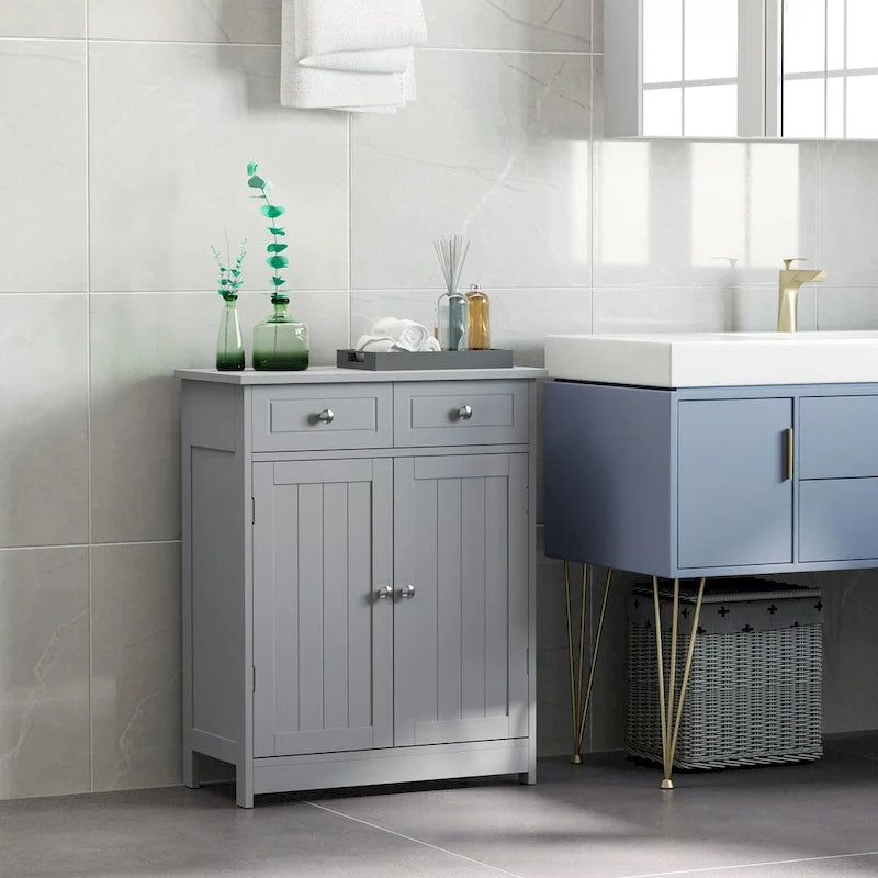 Grey Wood Finish Freestanding Bathroom Cabinet – 2 Drawers & Door, Adjustable Shelf