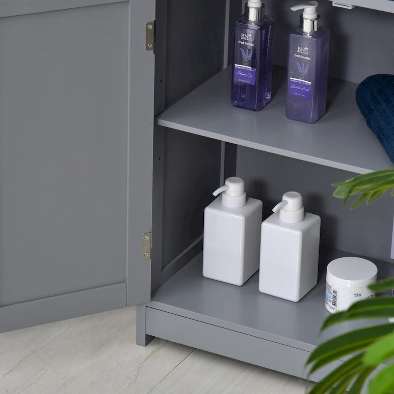 Grey Wood Finish Freestanding Bathroom Cabinet – 2 Drawers & Door, Adjustable Shelf