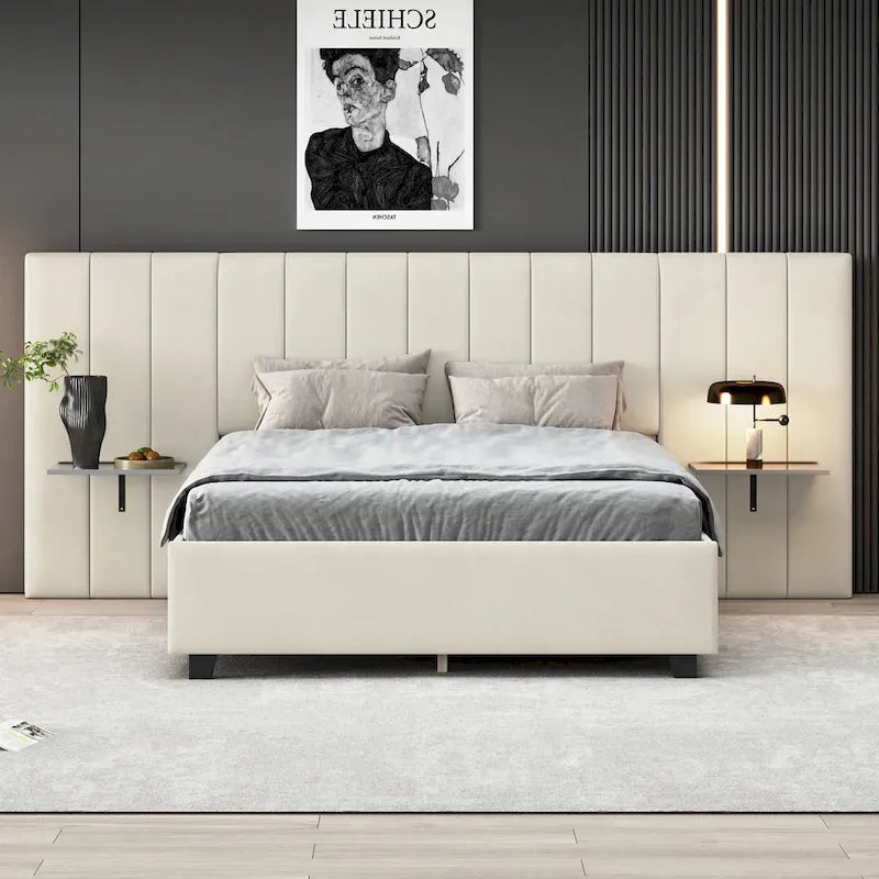 Beige Velvet Upholstered Platform Bed with Oversized Headboard & Side Shelves – Full/Queen, 1 Person