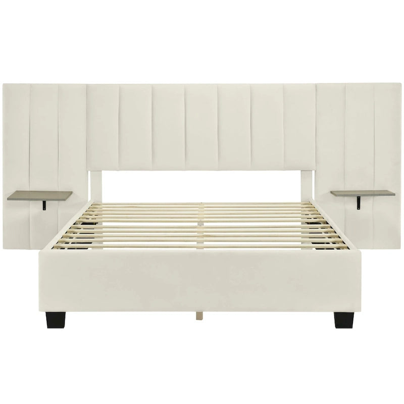Beige Velvet Upholstered Platform Bed with Oversized Headboard & Side Shelves – Full/Queen, 1 Person