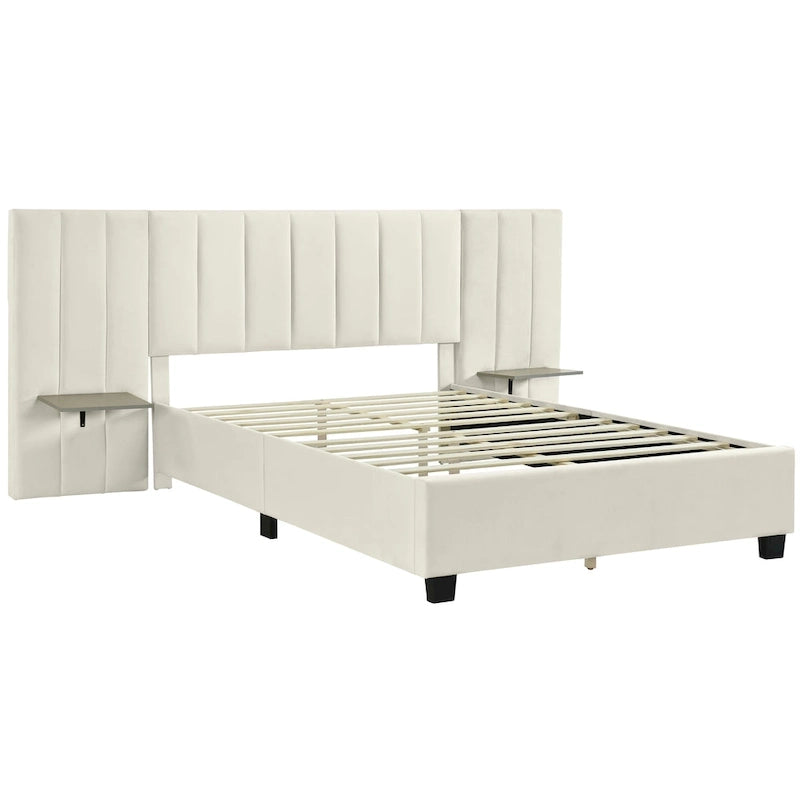 Beige Velvet Upholstered Platform Bed with Oversized Headboard & Side Shelves – Full/Queen, 1 Person