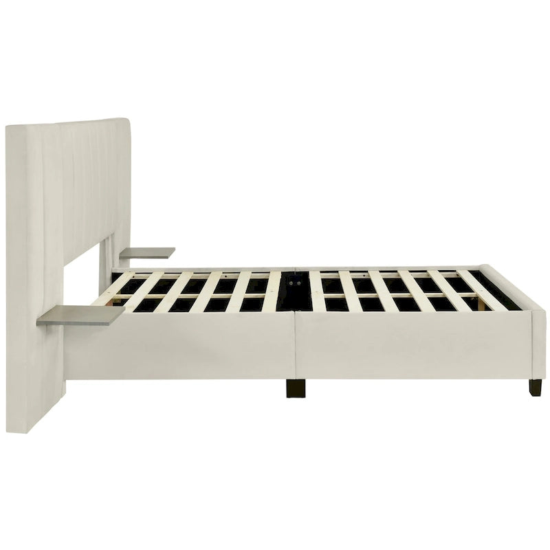 Beige Velvet Upholstered Platform Bed with Oversized Headboard & Side Shelves – Full/Queen, 1 Person