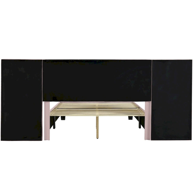Beige Velvet Upholstered Platform Bed with Oversized Headboard & Side Shelves – Full/Queen, 1 Person