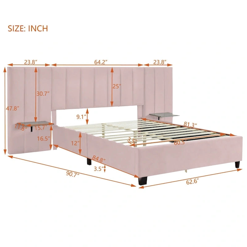 Beige Velvet Upholstered Platform Bed with Oversized Headboard & Side Shelves – Full/Queen, 1 Person