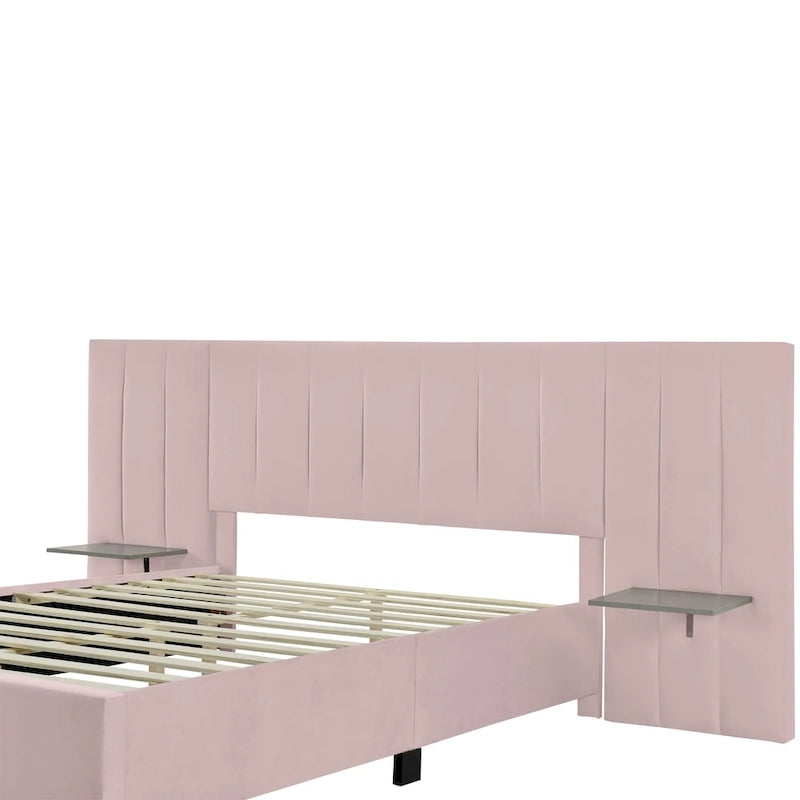Beige Velvet Upholstered Platform Bed with Oversized Headboard & Side Shelves – Full/Queen, 1 Person
