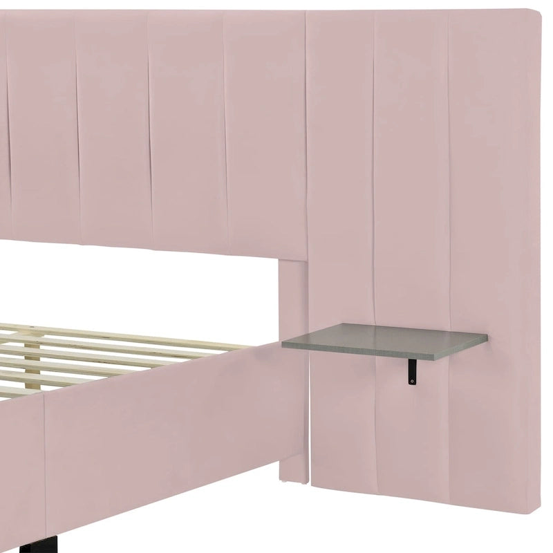 Beige Velvet Upholstered Platform Bed with Oversized Headboard & Side Shelves – Full/Queen, 1 Person