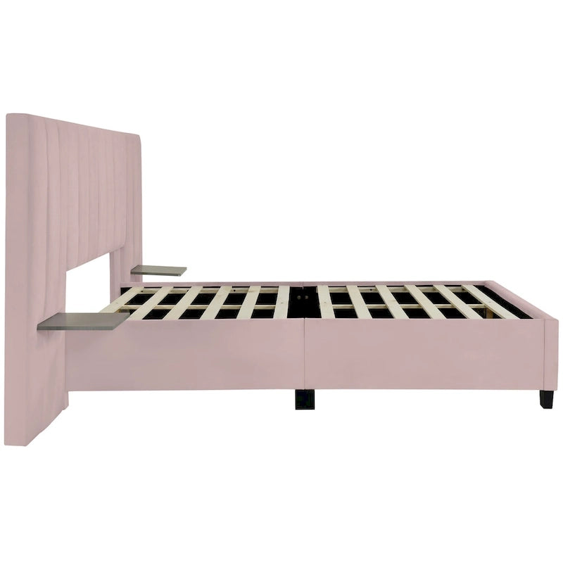 Beige Velvet Upholstered Platform Bed with Oversized Headboard & Side Shelves – Full/Queen, 1 Person